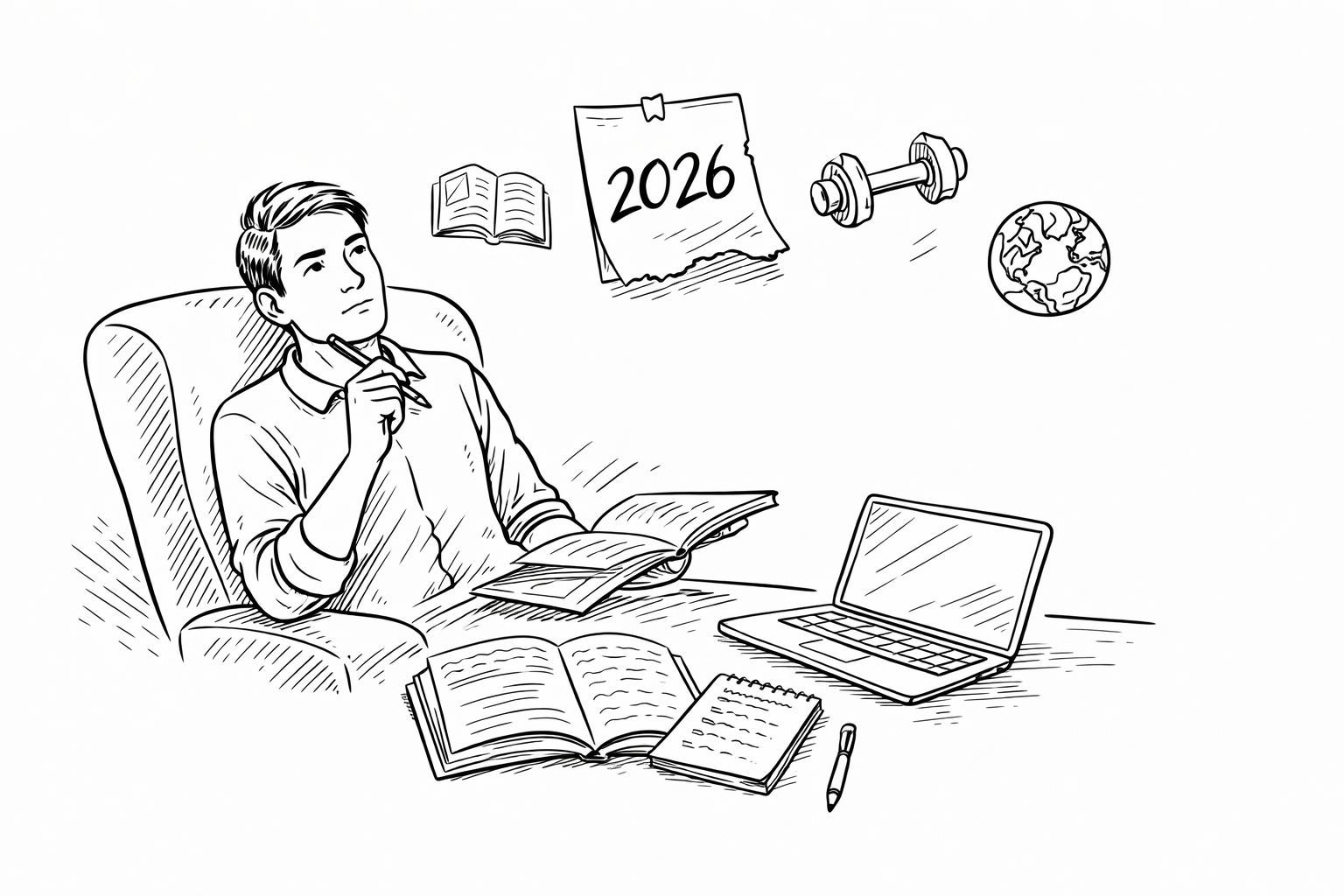 Sketch of person writing at desk with laptop and small robot icon for AI help.